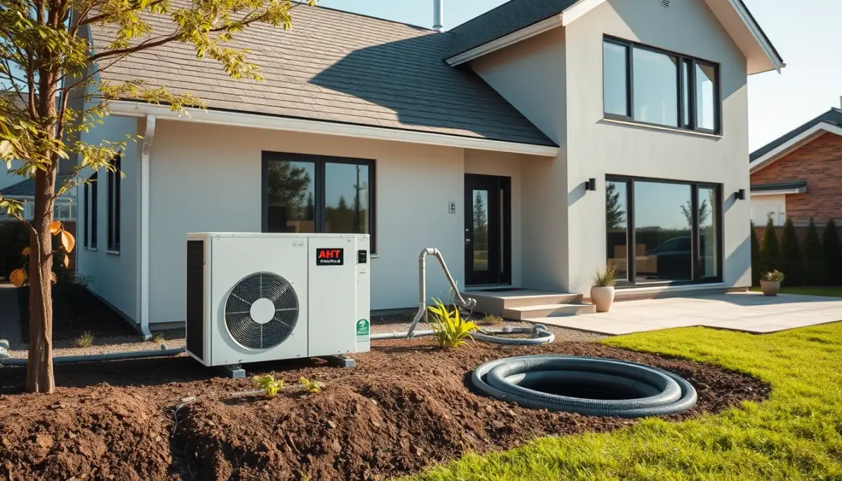 Maison moderne équipée d'une pompe à chaleur géothermique avec captage enterré