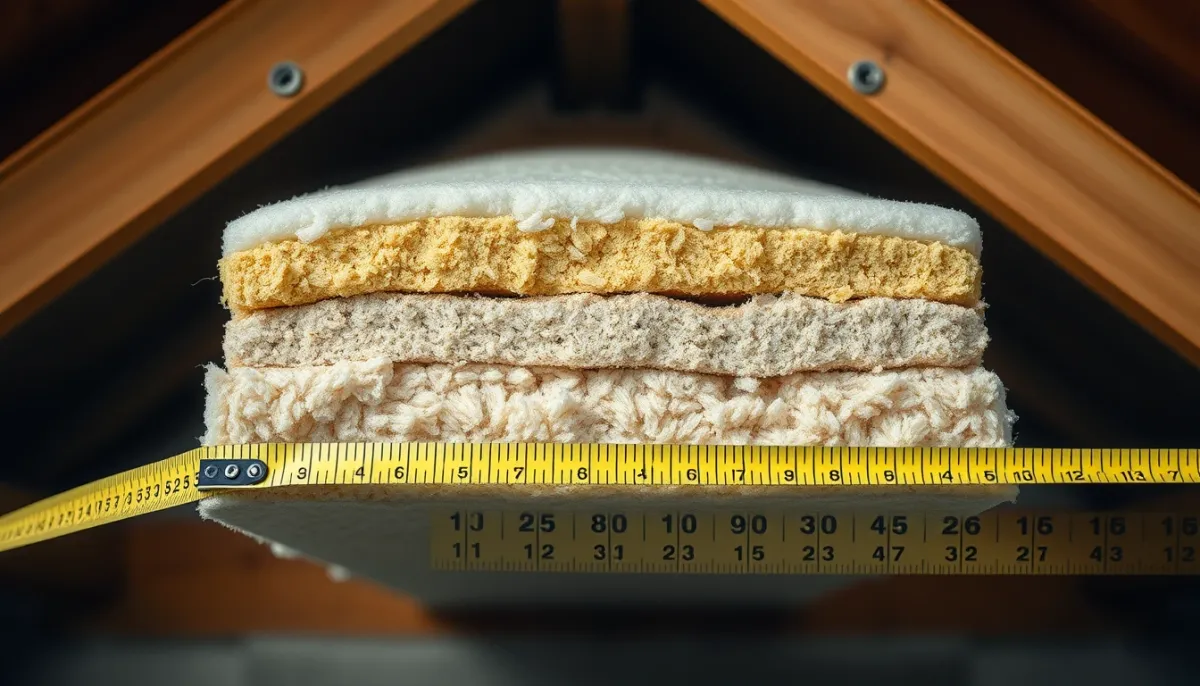 Gros plan sur différents matériaux isolants (laine de verre, laine de roche, ouate de cellulose) avec un mètre ruban montrant l'épaisseur