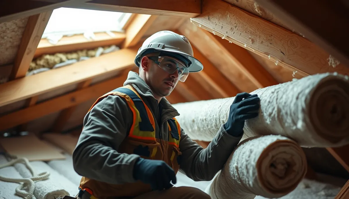 Artisan certifié RGE installant de l'isolant dans des combles, équipé de protections