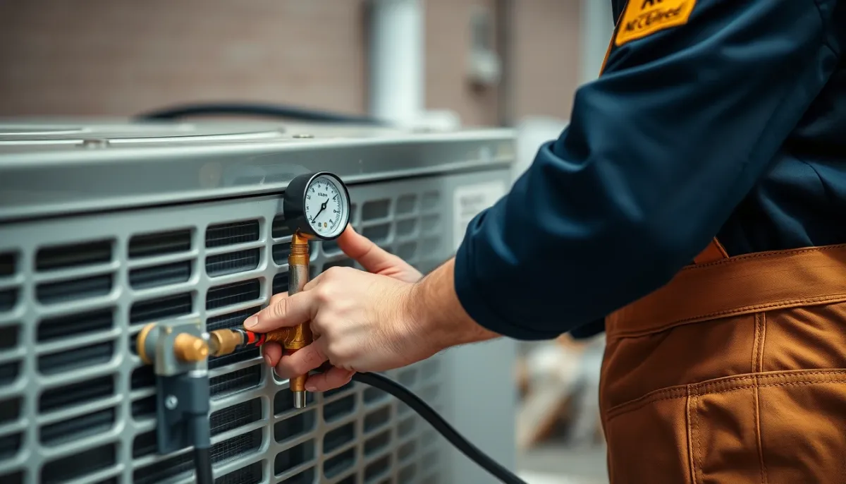 Technicien contrôlant le circuit frigorifique d'une pompe à chaleur