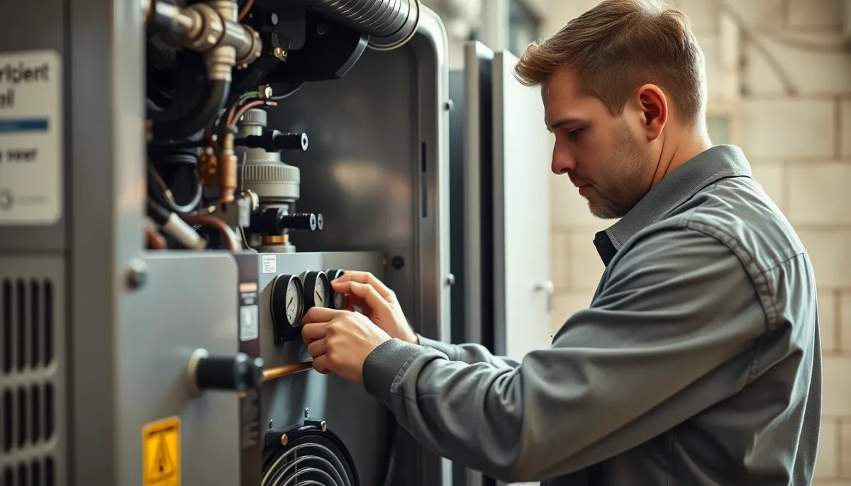 Technicien certifié effectuant l'entretien d'une pompe à chaleur géothermique
