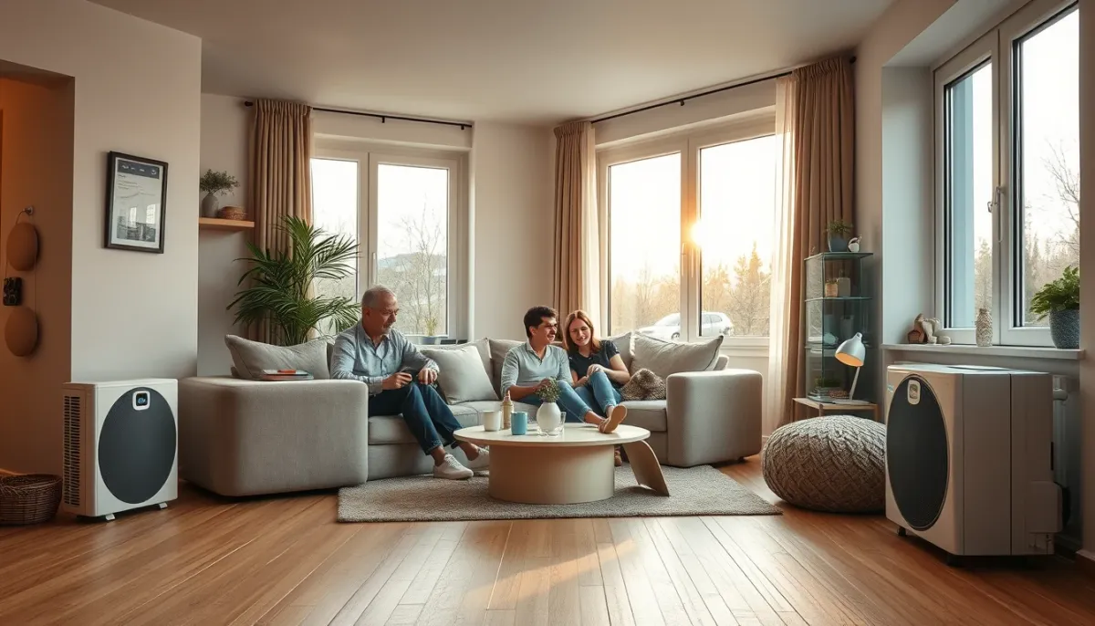 Salon confortable avec chauffage au sol, illustrant le confort quotidien offert par la LG Therma V