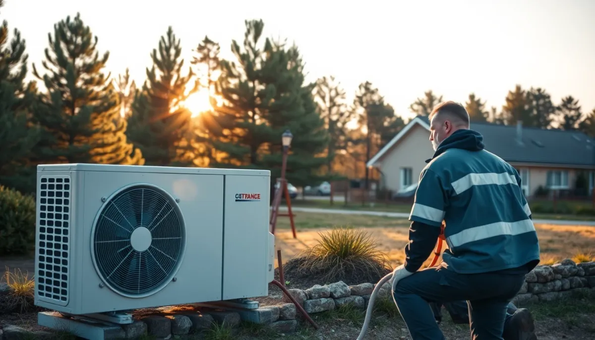 Installation d'une pompe à chaleur LG Therma V dans les Landes, avec pins en arrière-plan