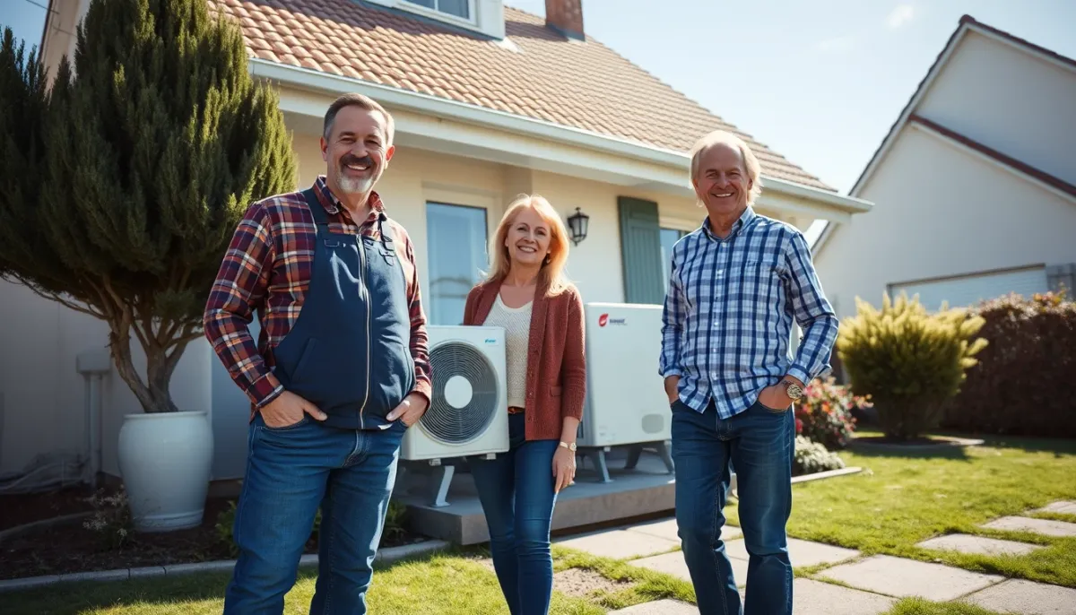 Couple de propriétaires devant leur maison équipée d'une pompe à chaleur LG Therma V