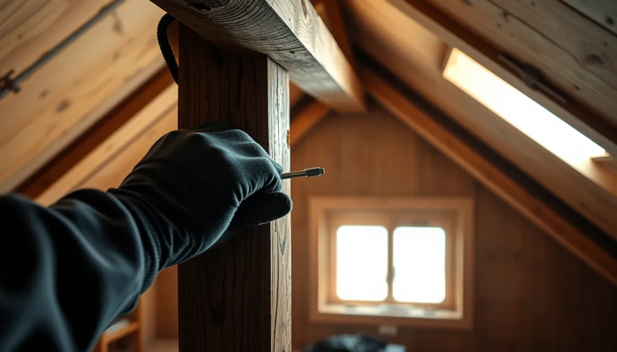 Mains d'un propriétaire utilisant un tournevis pour sonder une poutre en bois dans des combles