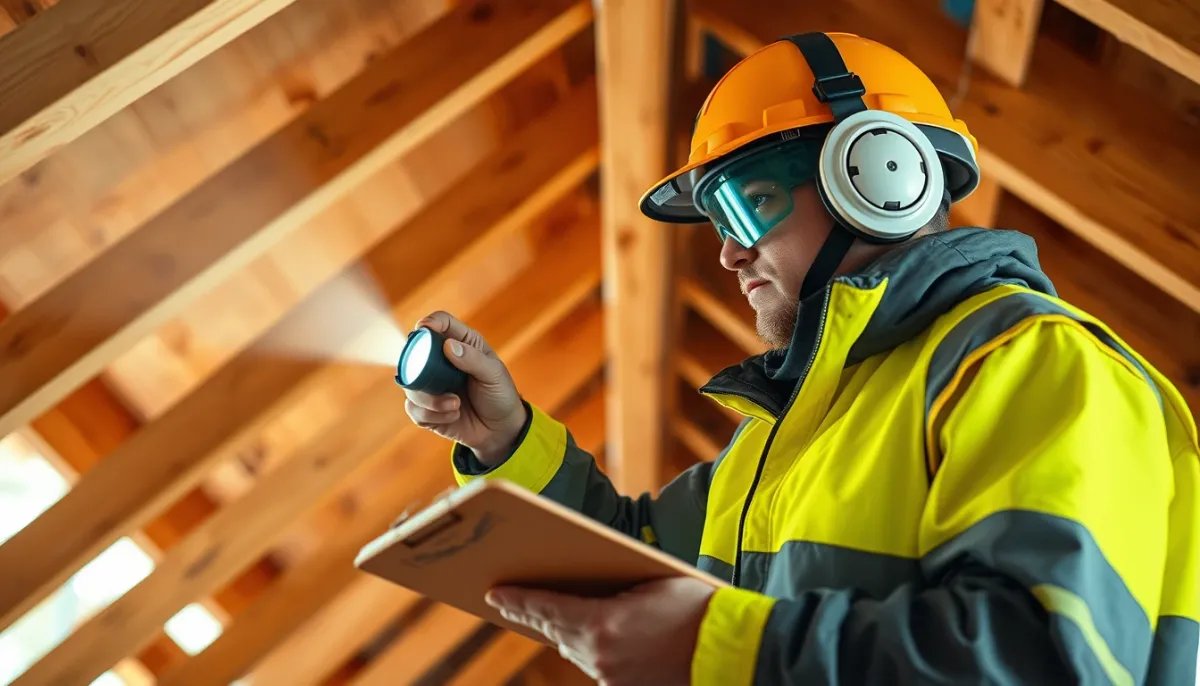 Inspecteur professionnel en tenue de protection examinant une charpente en bois avec une lampe torche