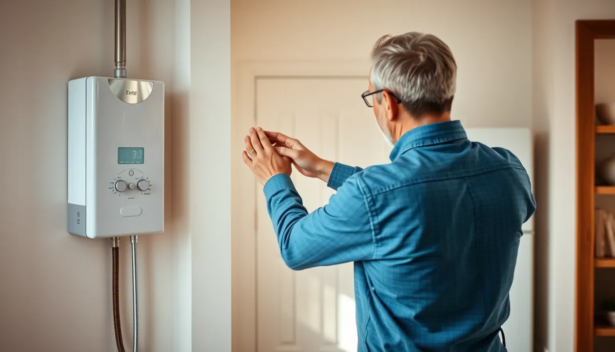 Propriétaire réglant le thermostat d'un chauffe-eau thermodynamique